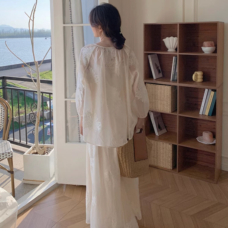 フラワー刺繍シフォンセットアップ