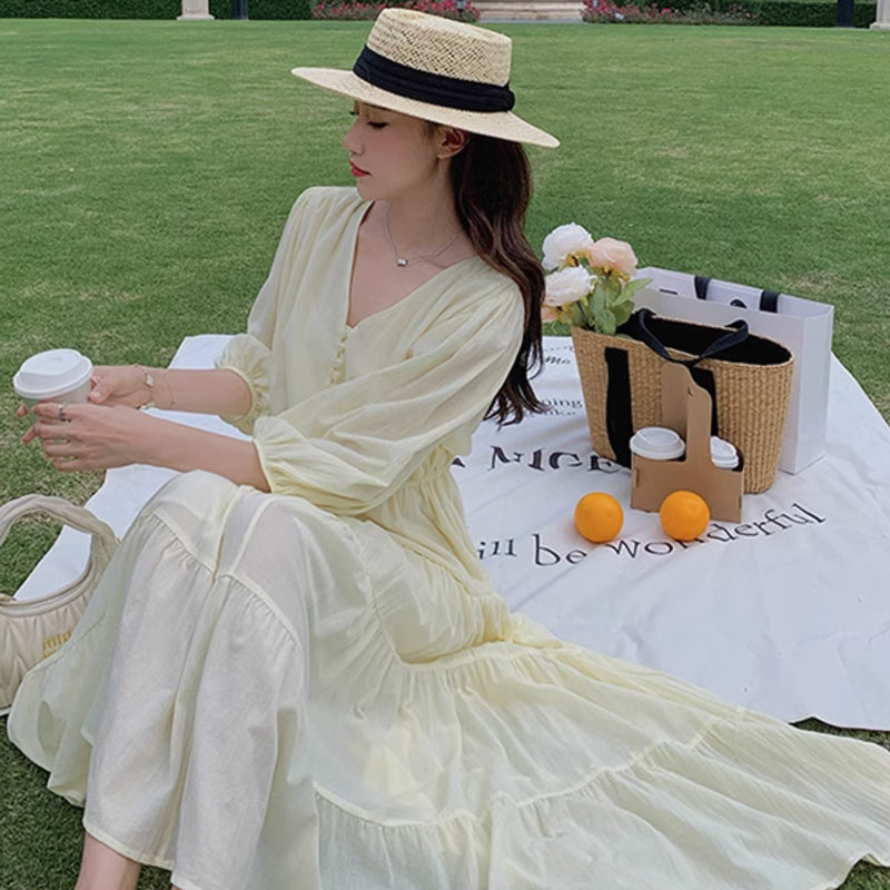 Vネックティアードワンピース