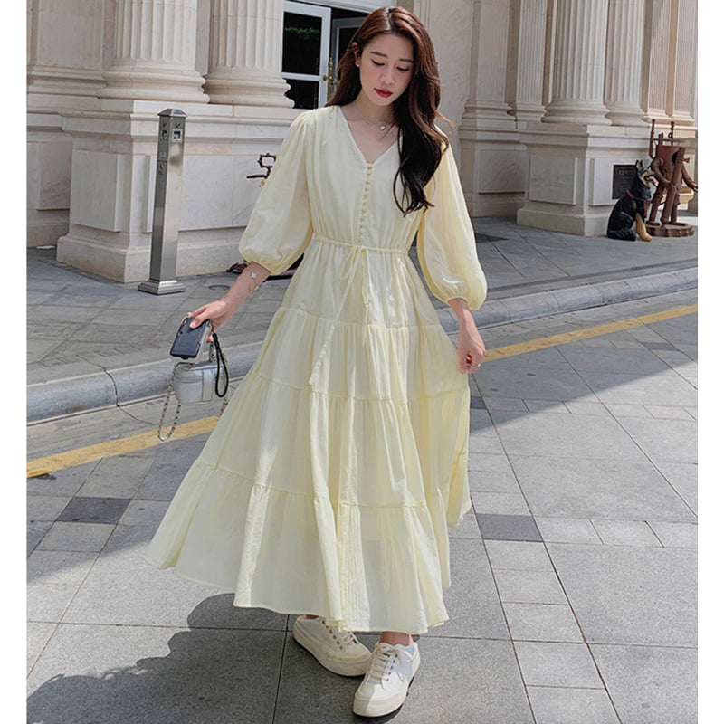 Vネックティアードワンピース