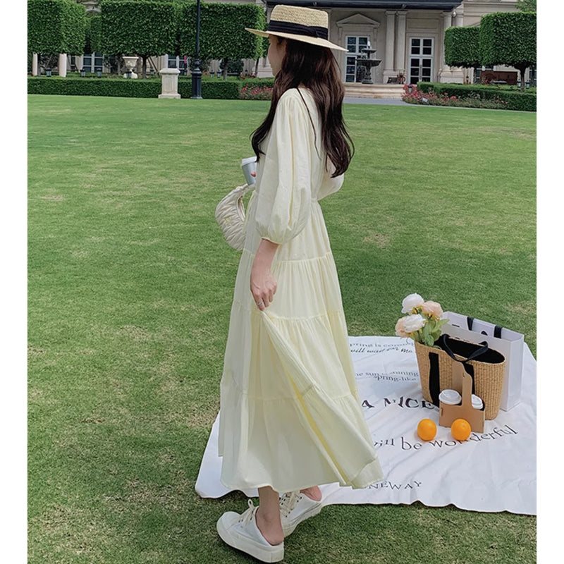 Vネックティアードワンピース