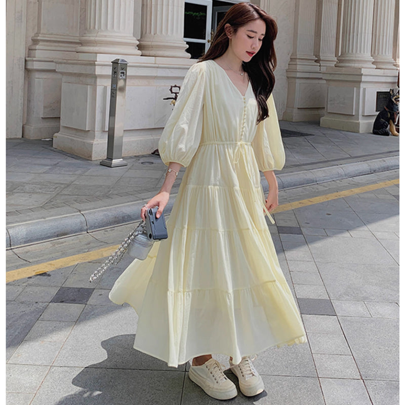 Vネックティアードワンピース