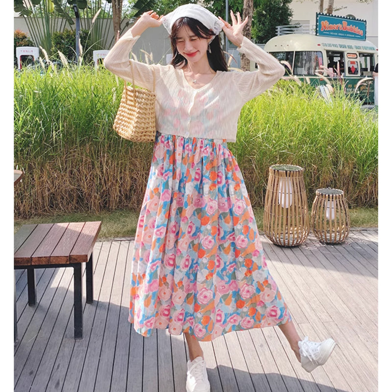 ショート丈カーディガン×ハイウエストフラワーワンピース