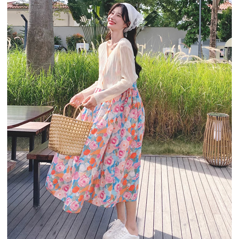 ショート丈カーディガン×ハイウエストフラワーワンピース