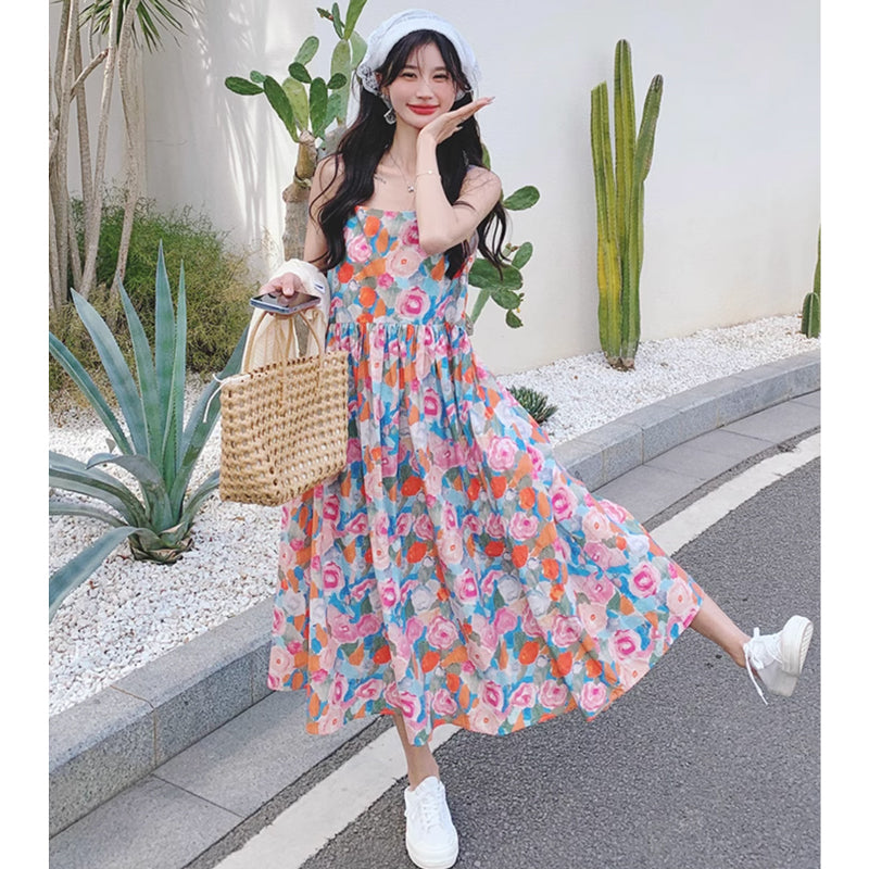 ショート丈カーディガン×ハイウエストフラワーワンピース