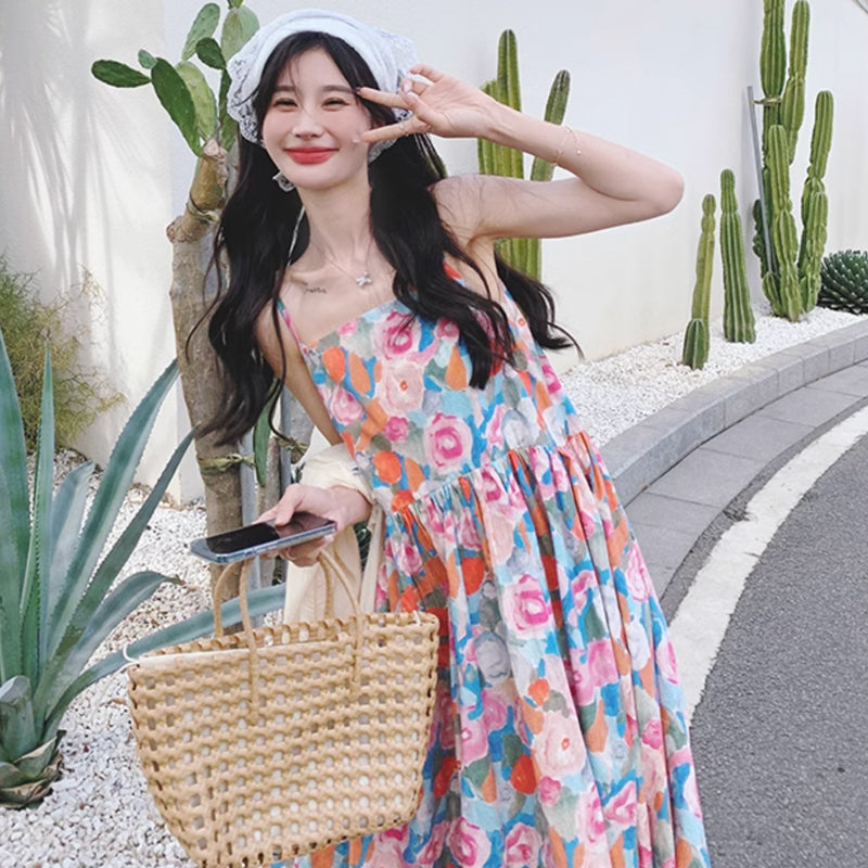 ショート丈カーディガン×ハイウエストフラワーワンピース