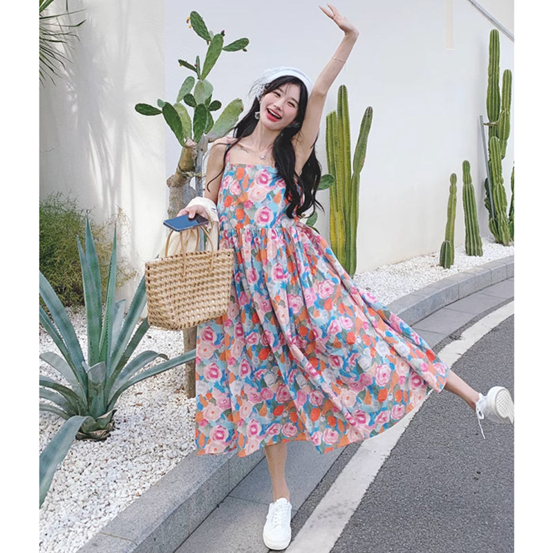 ショート丈カーディガン×ハイウエストフラワーワンピース