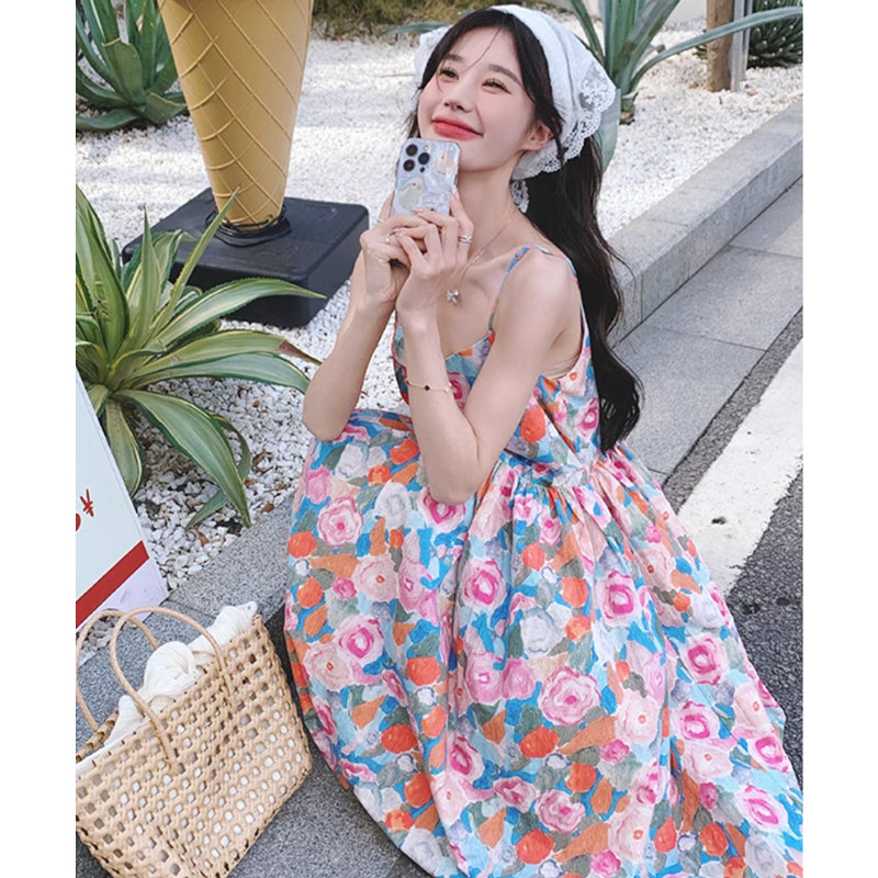 ショート丈カーディガン×ハイウエストフラワーワンピース