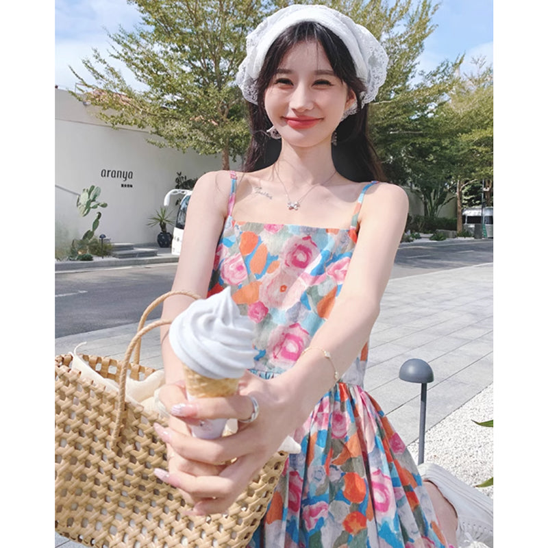 ショート丈カーディガン×ハイウエストフラワーワンピース