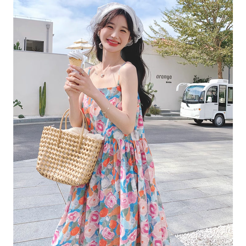 ショート丈カーディガン×ハイウエストフラワーワンピース