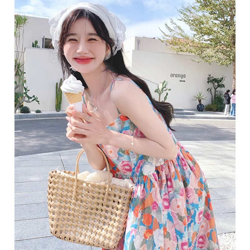 ショート丈カーディガン×ハイウエストフラワーワンピース