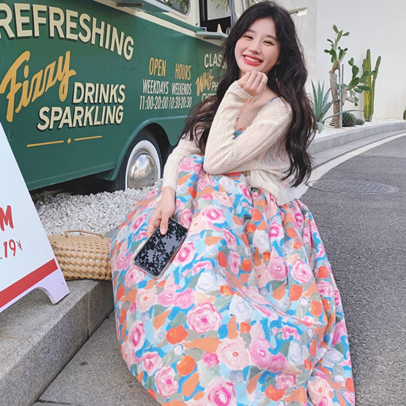 ショート丈カーディガン×ハイウエストフラワーワンピース