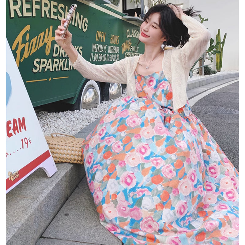 ショート丈カーディガン×ハイウエストフラワーワンピース