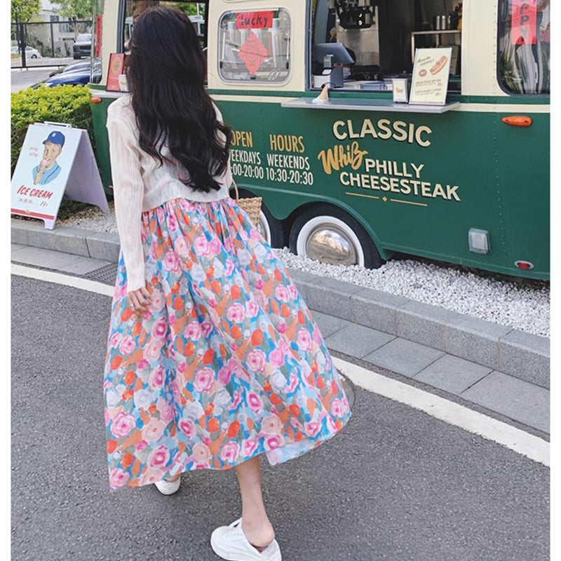 ショート丈カーディガン×ハイウエストフラワーワンピース