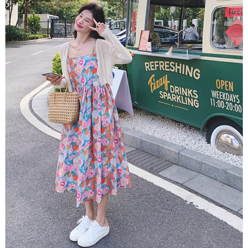 ショート丈カーディガン×ハイウエストフラワーワンピース