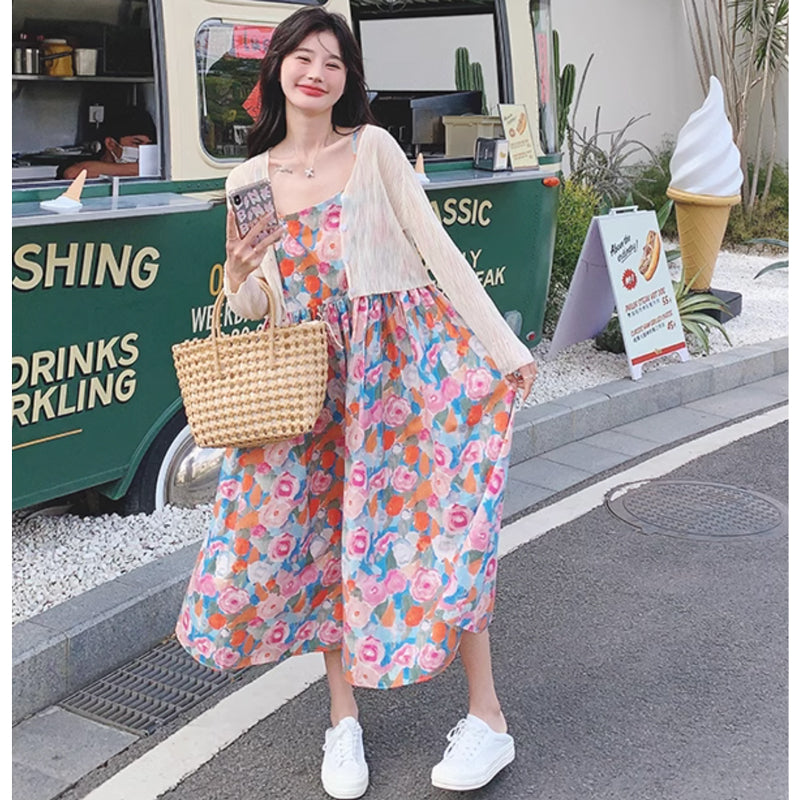 ショート丈カーディガン×ハイウエストフラワーワンピース