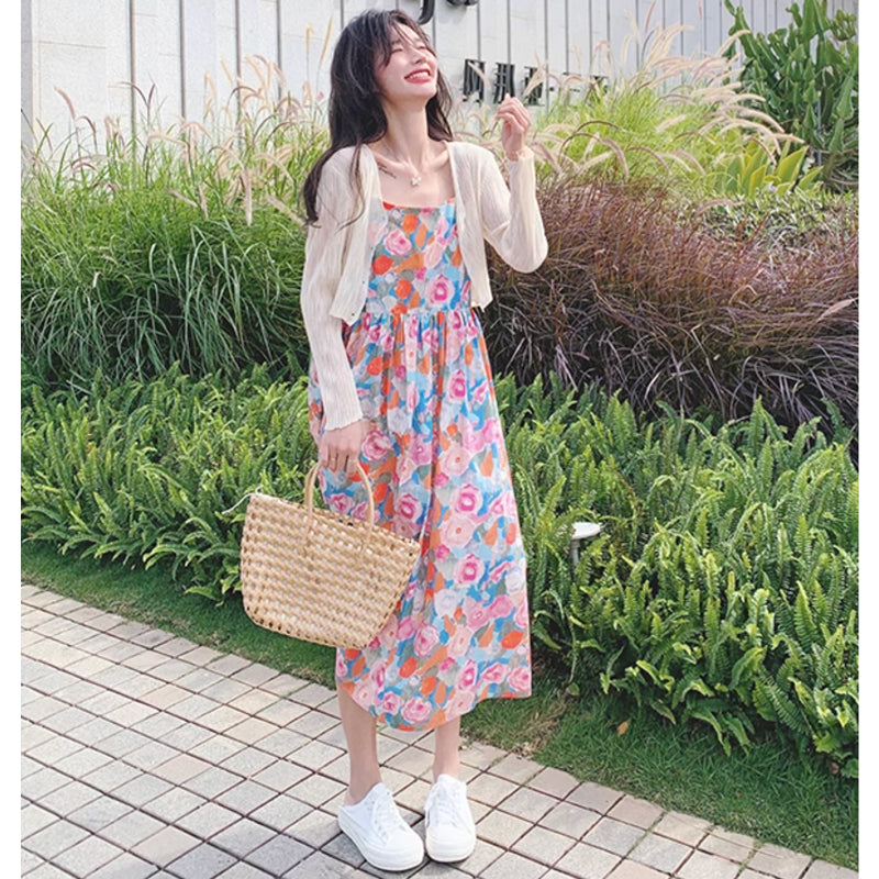 ショート丈カーディガン×ハイウエストフラワーワンピース