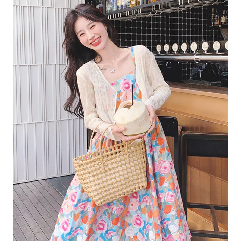 ショート丈カーディガン×ハイウエストフラワーワンピース