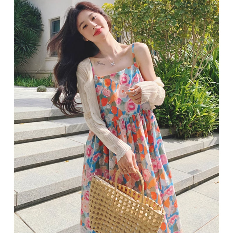 ショート丈カーディガン×ハイウエストフラワーワンピース