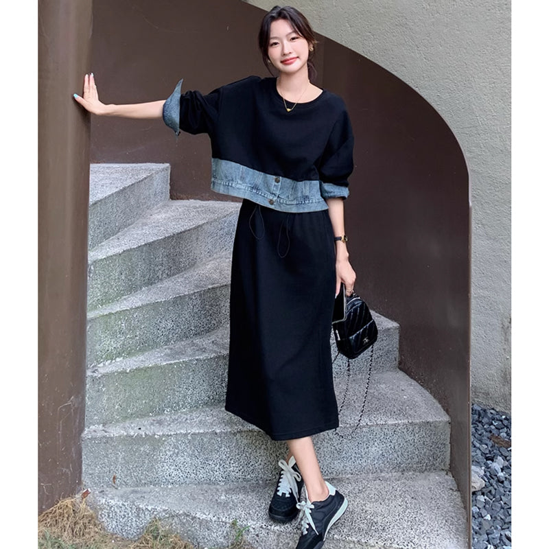 デニム切り替えスウェットワンピース