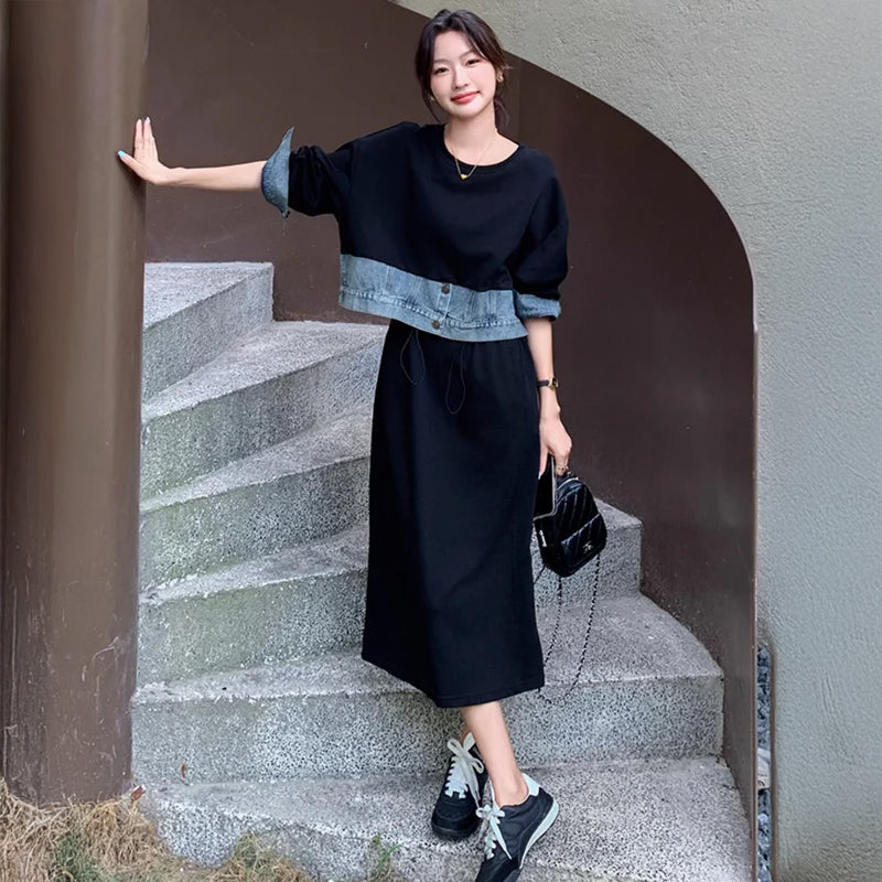 デニム切り替えスウェットワンピース