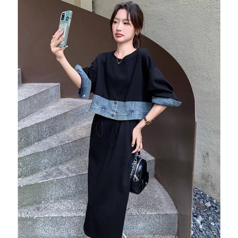 デニム切り替えスウェットワンピース