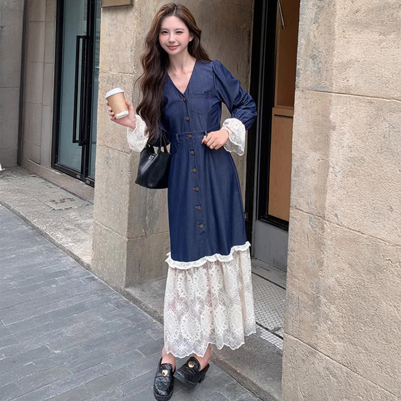 裾レースデニムワンピース