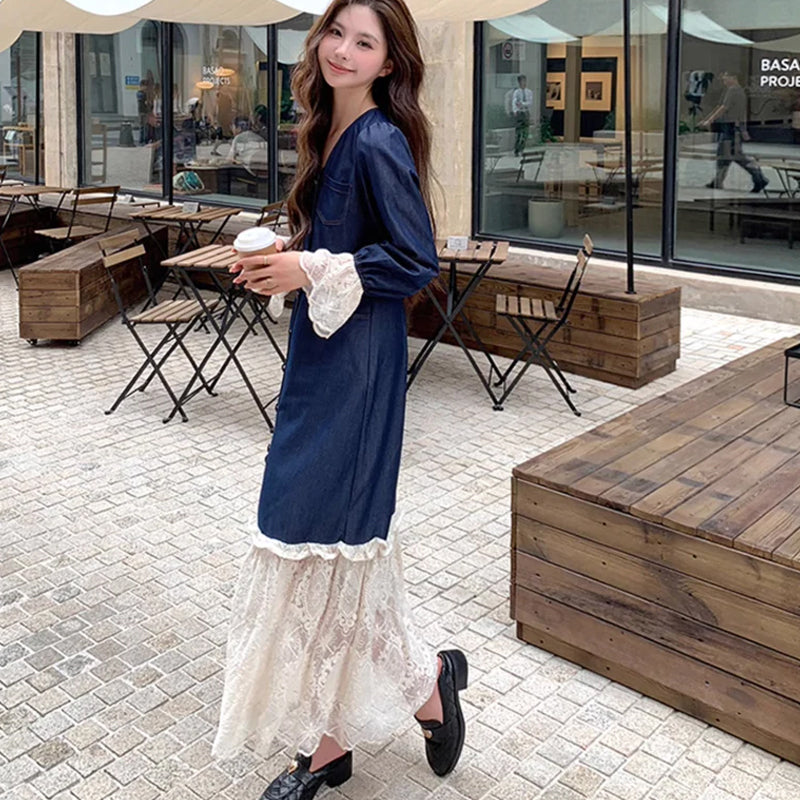 裾レースデニムワンピース