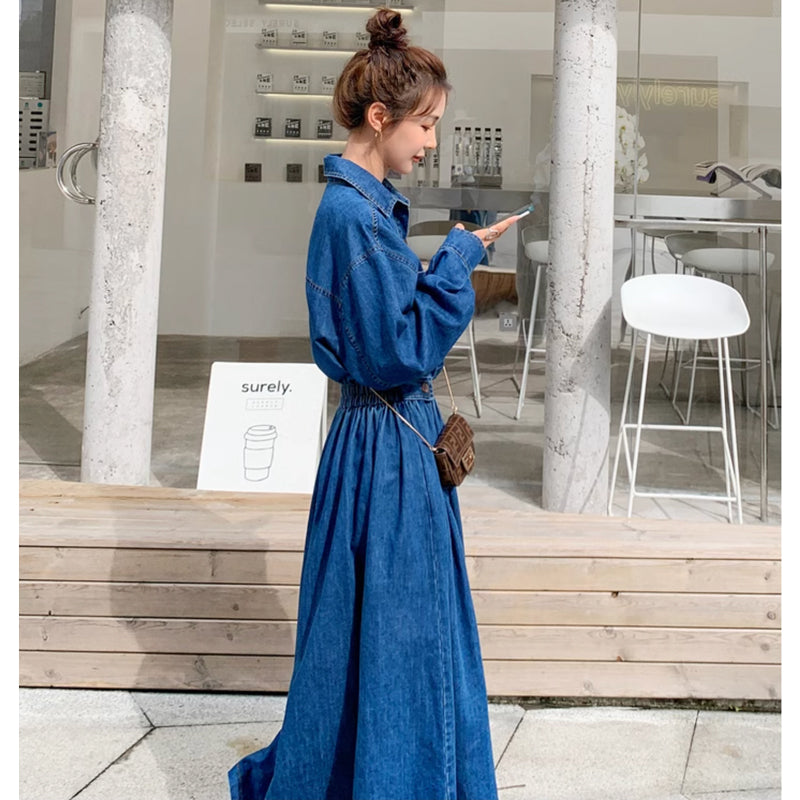 【即納】Aラインデニムシャツワンピース