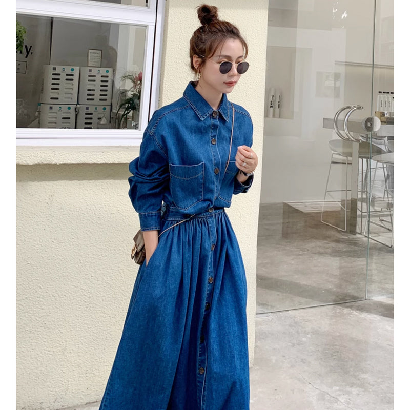 【即納】Aラインデニムシャツワンピース