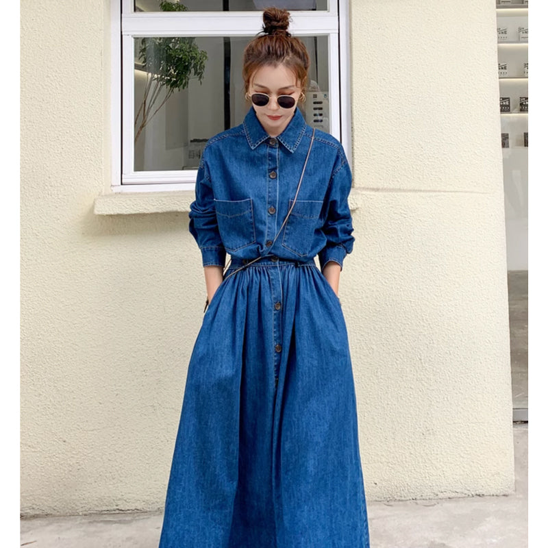 【即納】Aラインデニムシャツワンピース