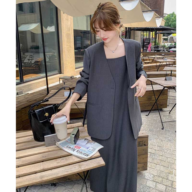 【即納】ノーカラージャケット×マキシ丈ワンピース