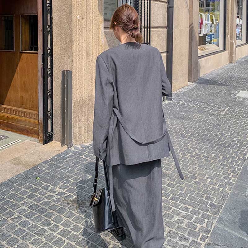 【即納】ノーカラージャケット×マキシ丈ワンピース