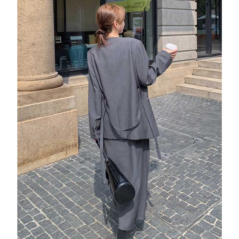 【即納】ノーカラージャケット×マキシ丈ワンピース