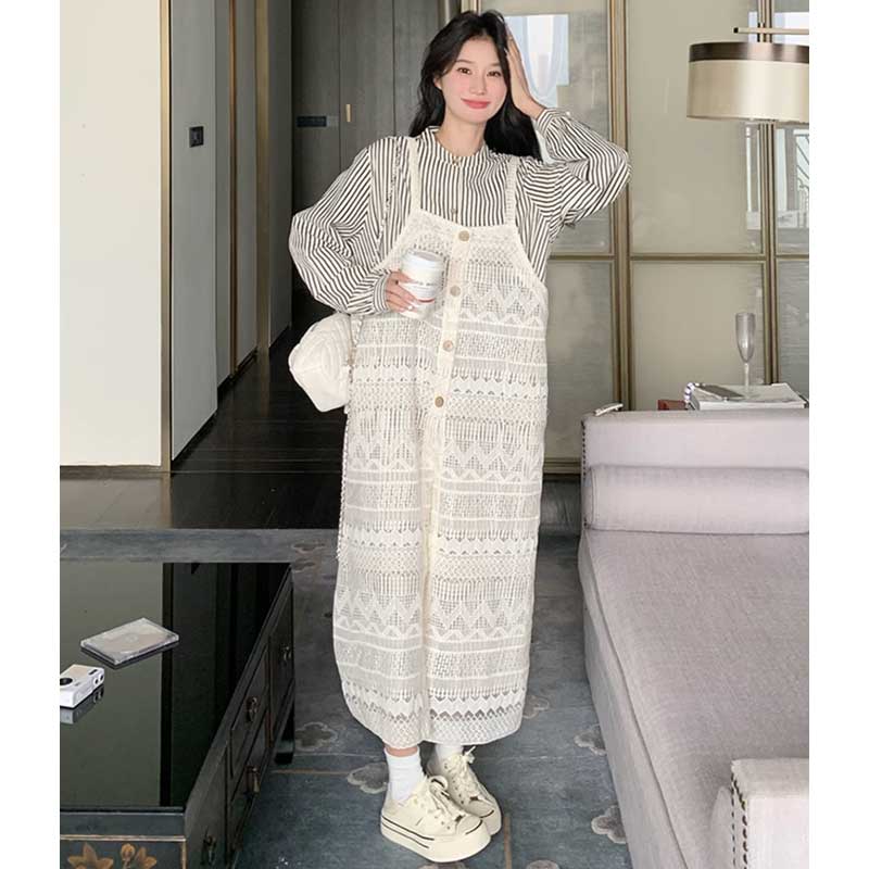 ストライプシャツワンピース×ニットキャミソール