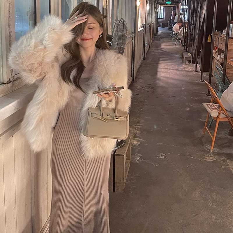 【即納】ボリュームファーコート(ベージュ)