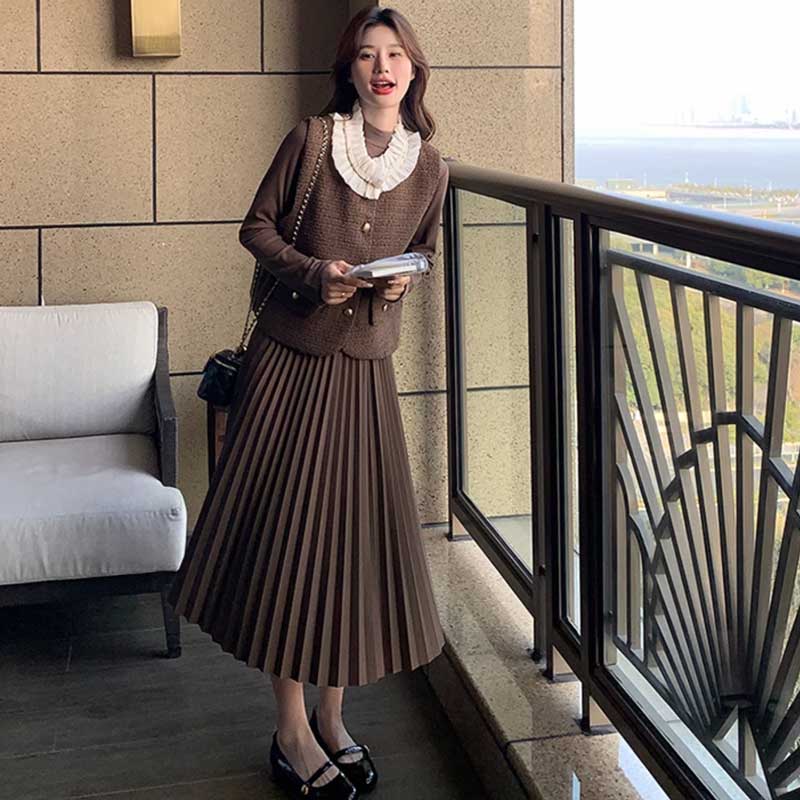 シフォンカラーベスト×プリーツスカートワンピース(2colors)