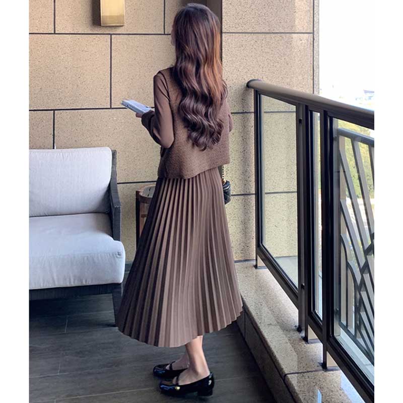 シフォンカラーベスト×プリーツスカートワンピース(2colors)