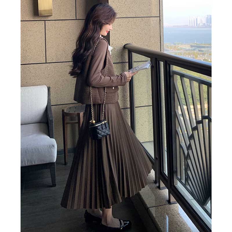 シフォンカラーベスト×プリーツスカートワンピース(2colors)