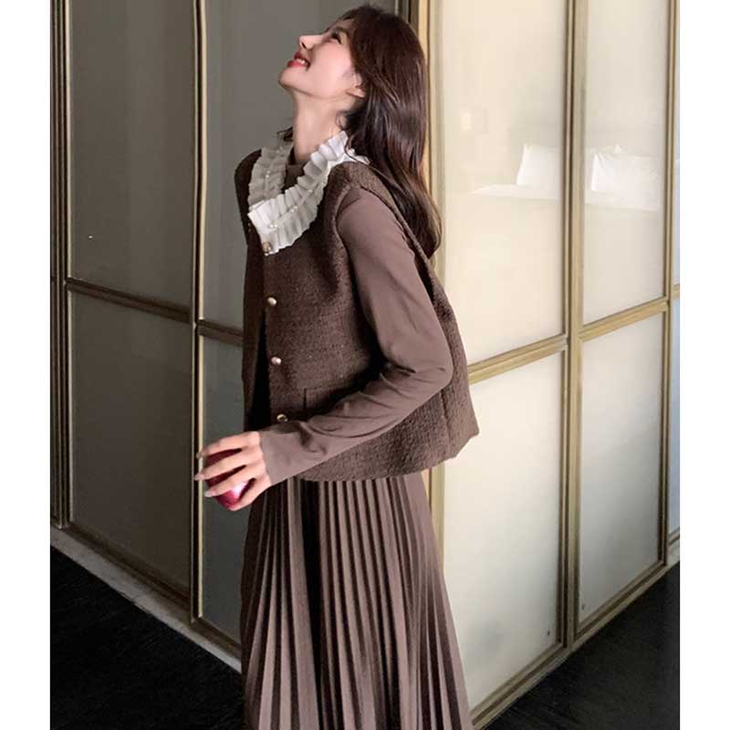 シフォンカラーベスト×プリーツスカートワンピース(2colors)