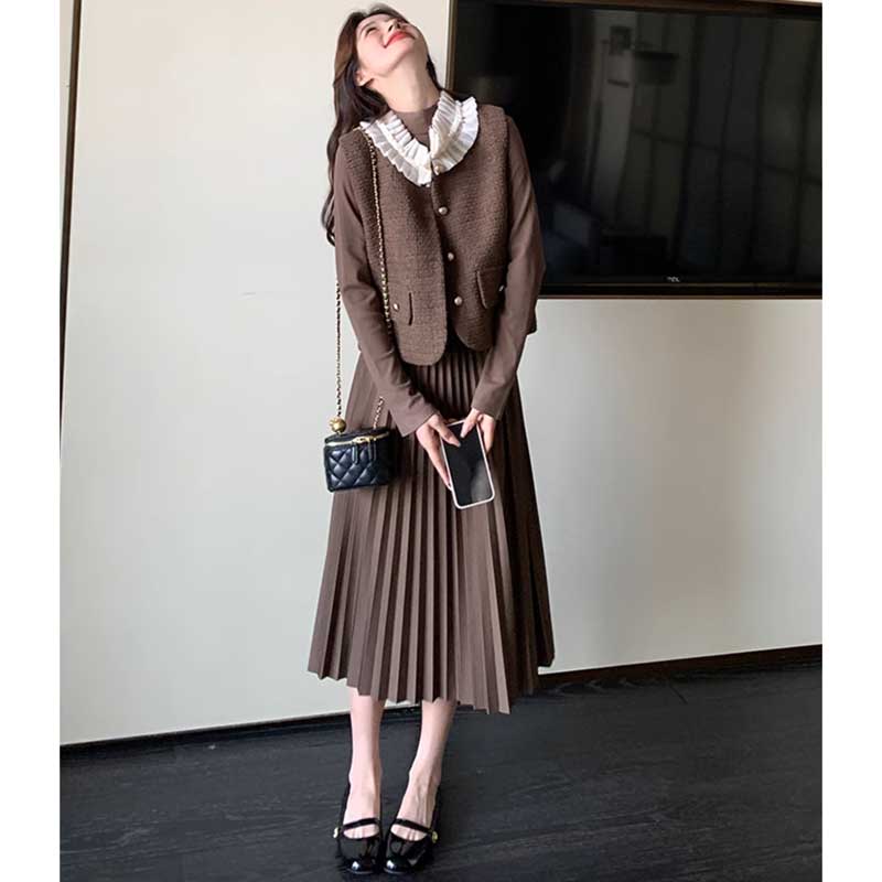 シフォンカラーベスト×プリーツスカートワンピース(2colors)