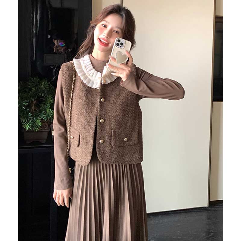 シフォンカラーベスト×プリーツスカートワンピース(2colors)