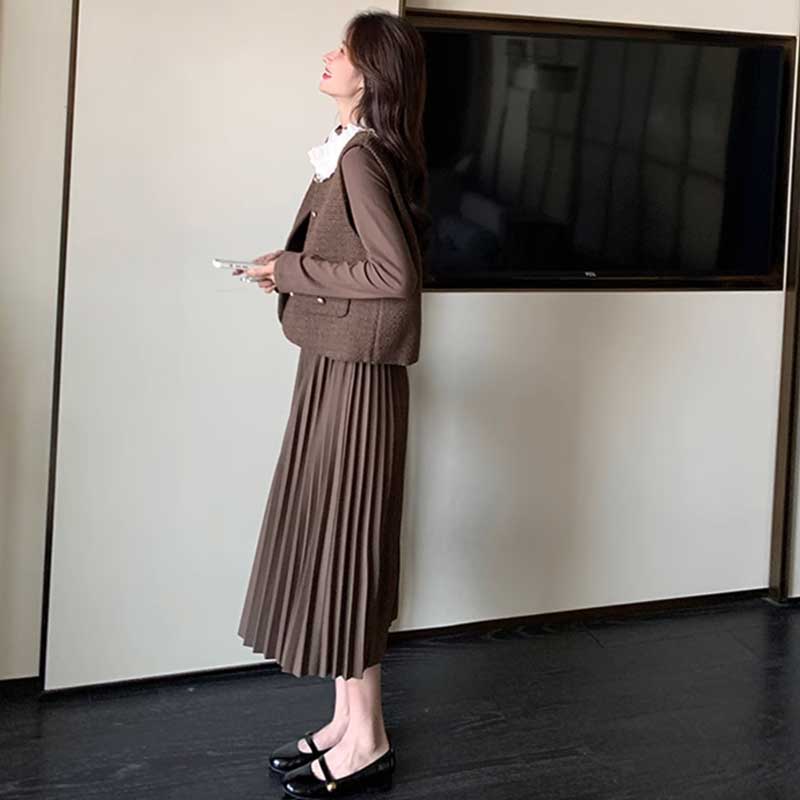 シフォンカラーベスト×プリーツスカートワンピース(2colors)