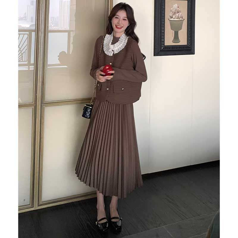 シフォンカラーベスト×プリーツスカートワンピース(2colors)