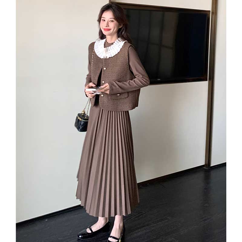 シフォンカラーベスト×プリーツスカートワンピース(2colors)