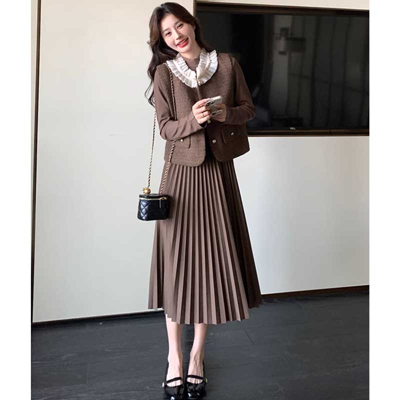 シフォンカラーベスト×プリーツスカートワンピース(2colors)