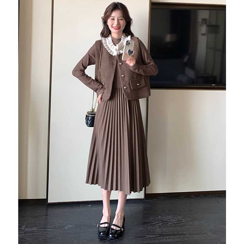 シフォンカラーベスト×プリーツスカートワンピース(2colors)