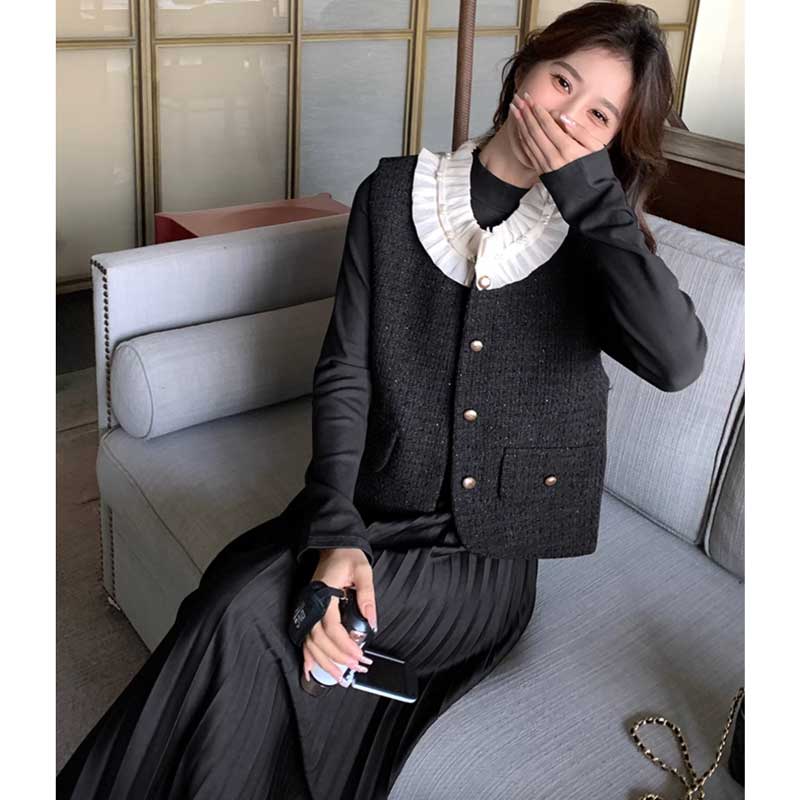 シフォンカラーベスト×プリーツスカートワンピース(2colors)