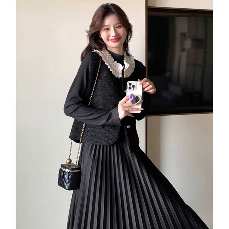 シフォンカラーベスト×プリーツスカートワンピース(2colors)