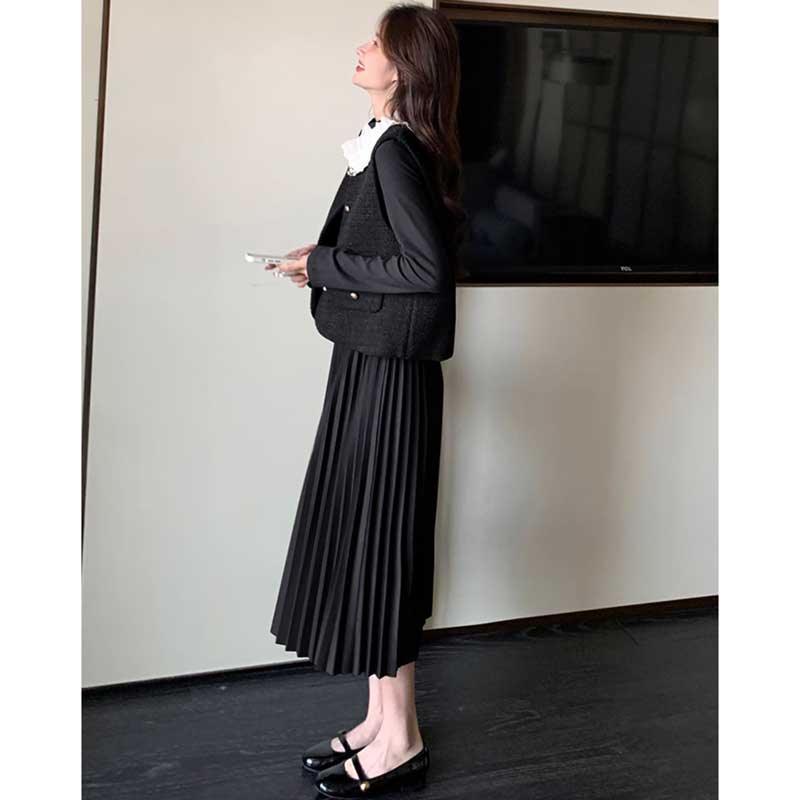 シフォンカラーベスト×プリーツスカートワンピース(2colors)