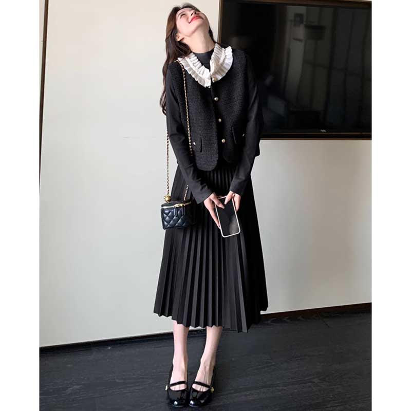 シフォンカラーベスト×プリーツスカートワンピース(2colors)